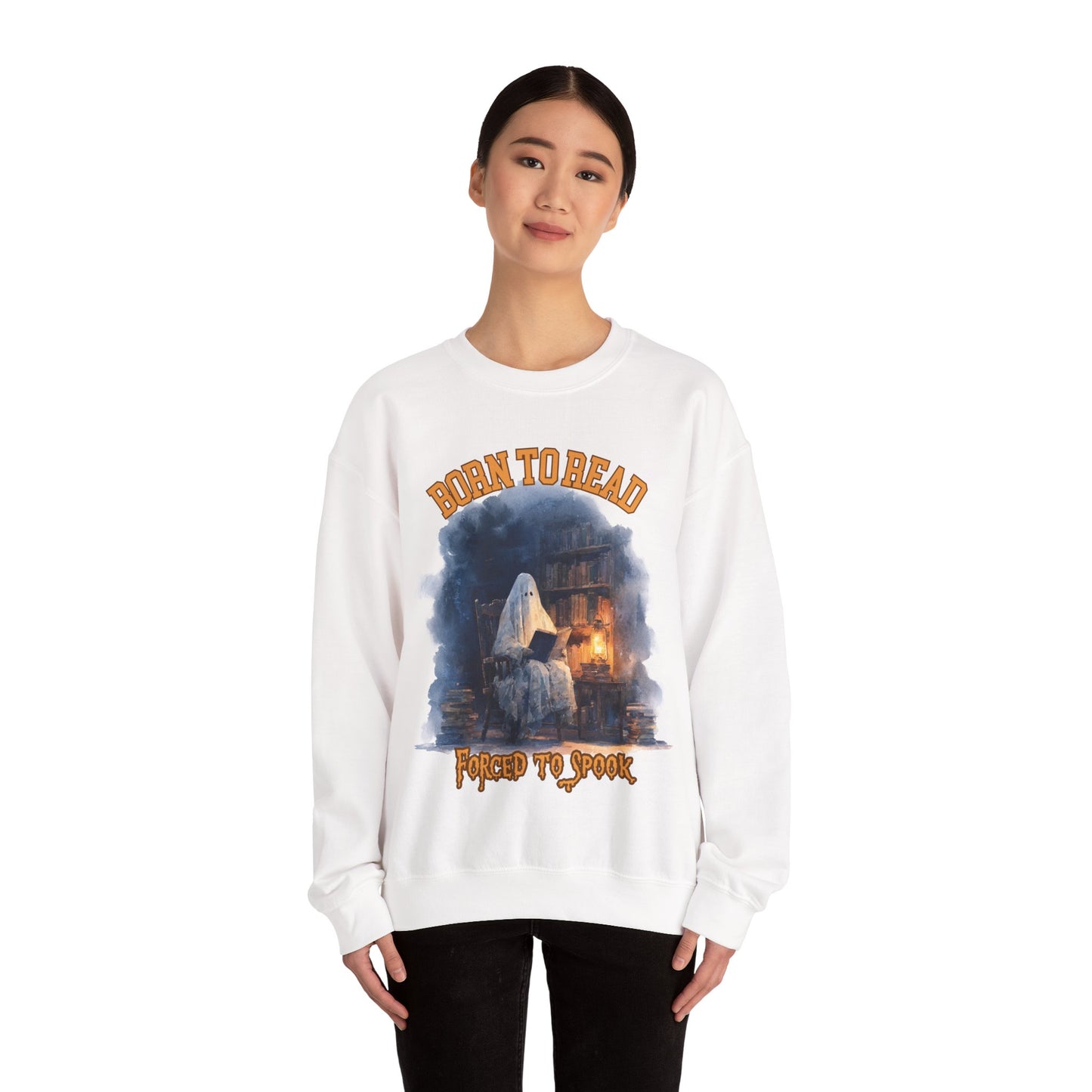 Ghost Reading Sweatshirt, Born to Read, Forced to Spook, Gilden Oversized Crewneck, Halloween Fashion, Book Lover Gift