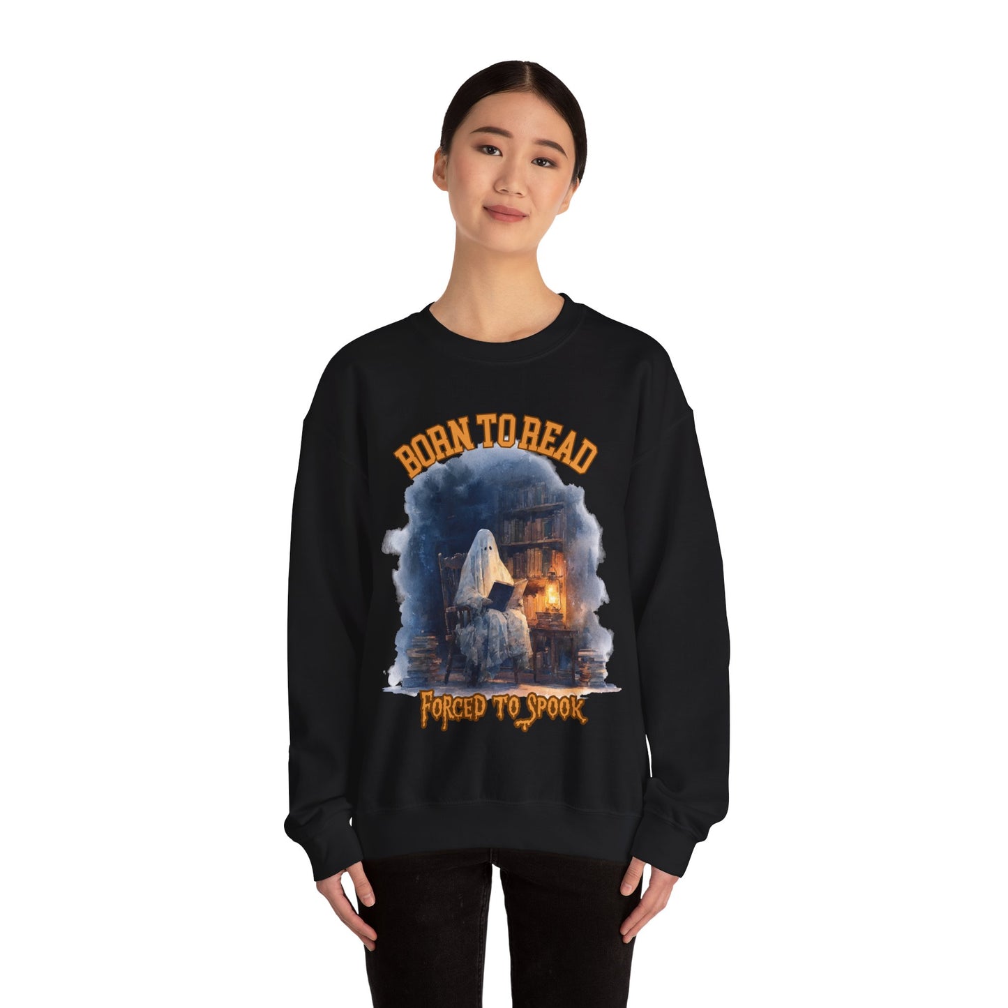 Ghost Reading Sweatshirt, Born to Read, Forced to Spook, Gilden Oversized Crewneck, Halloween Fashion, Book Lover Gift