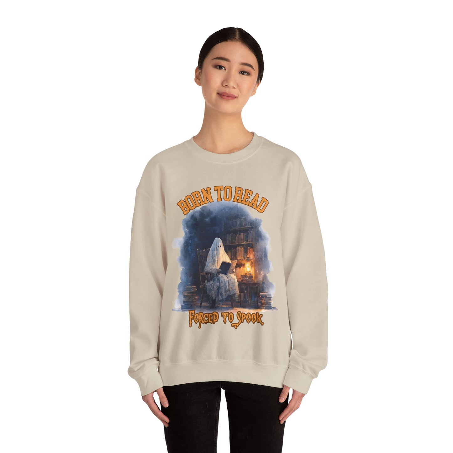 Ghost Reading Sweatshirt, Born to Read, Forced to Spook, Gilden Oversized Crewneck, Halloween Fashion, Book Lover Gift