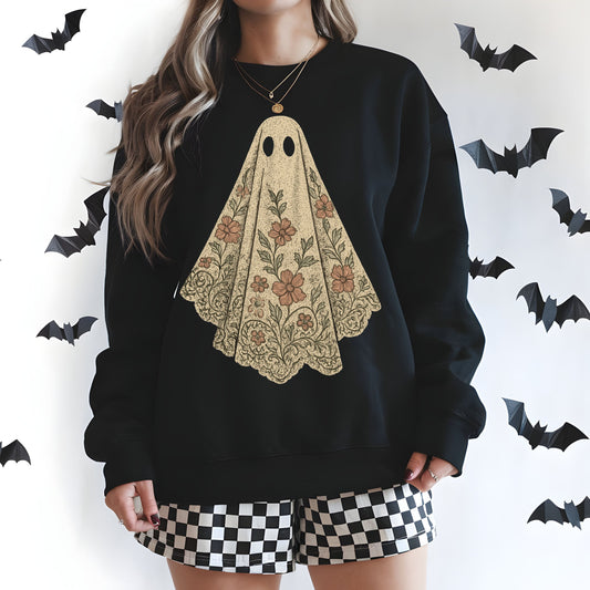 Floral Lace Ghost Sweatshirt, Oversized Halloween Crewneck, Cozy Spooky Season Pullover, Vintage Watercolor Ghost
