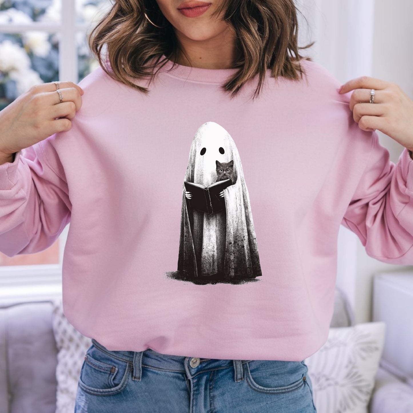 Ghost Reading Sweatshirt, Black Cat Shirt, Ghost and Cat Sweater, Book Lover Gift, Cute Fall Book Shirt