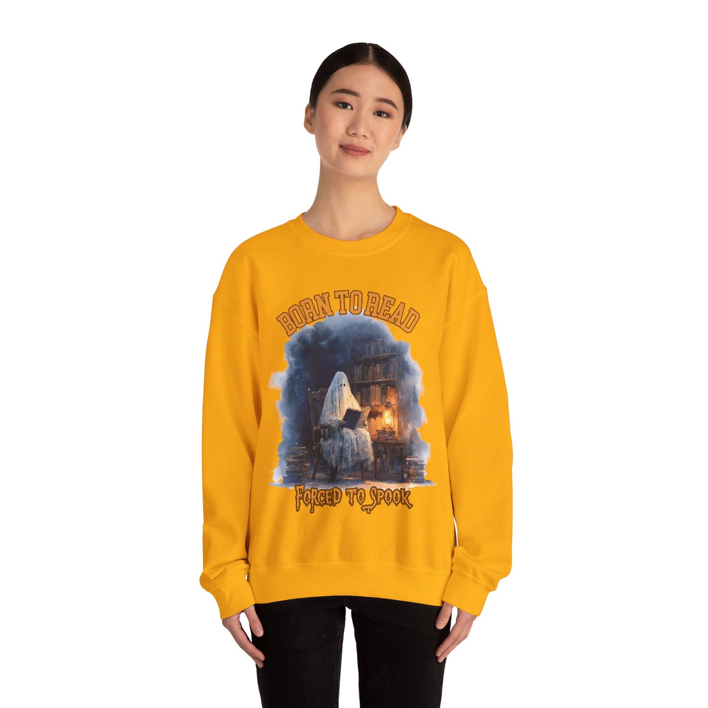 Ghost Reading Sweatshirt, Born to Read, Forced to Spook, Gilden Oversized Crewneck, Halloween Fashion, Book Lover Gift