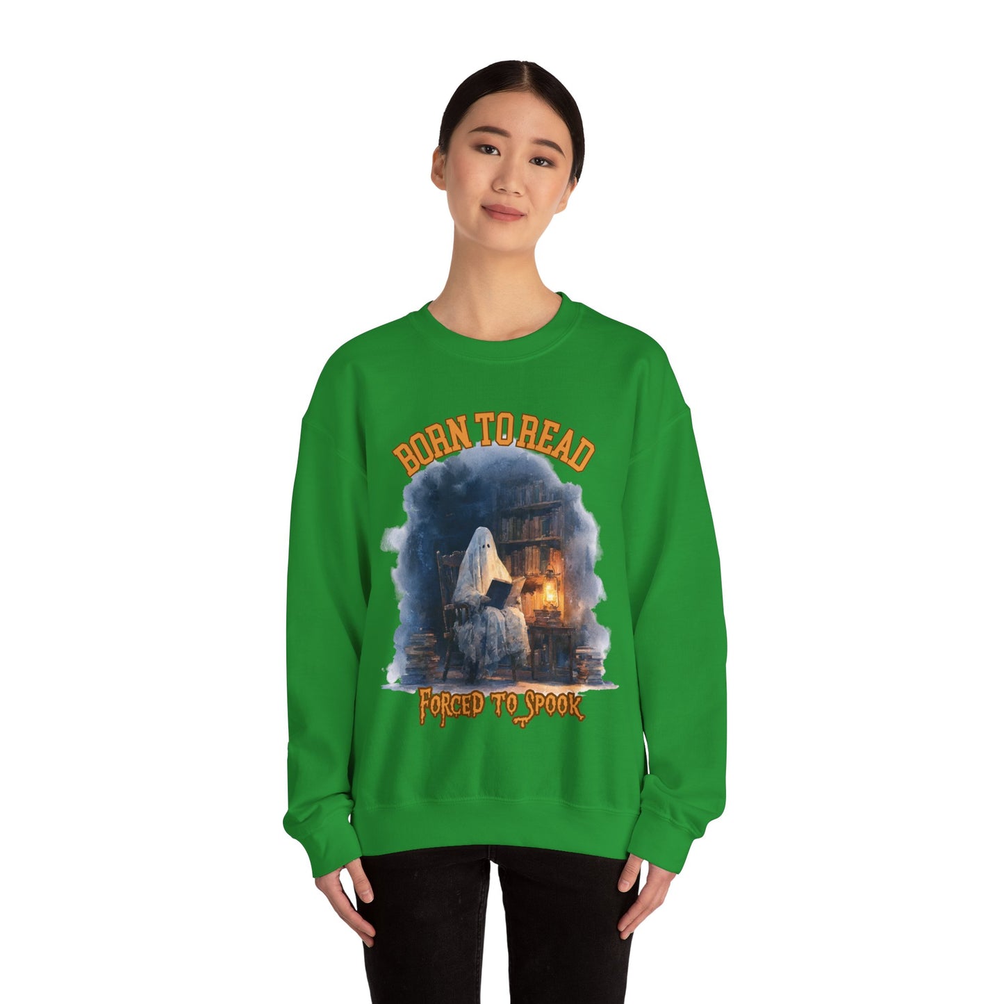 Ghost Reading Sweatshirt, Born to Read, Forced to Spook, Gilden Oversized Crewneck, Halloween Fashion, Book Lover Gift