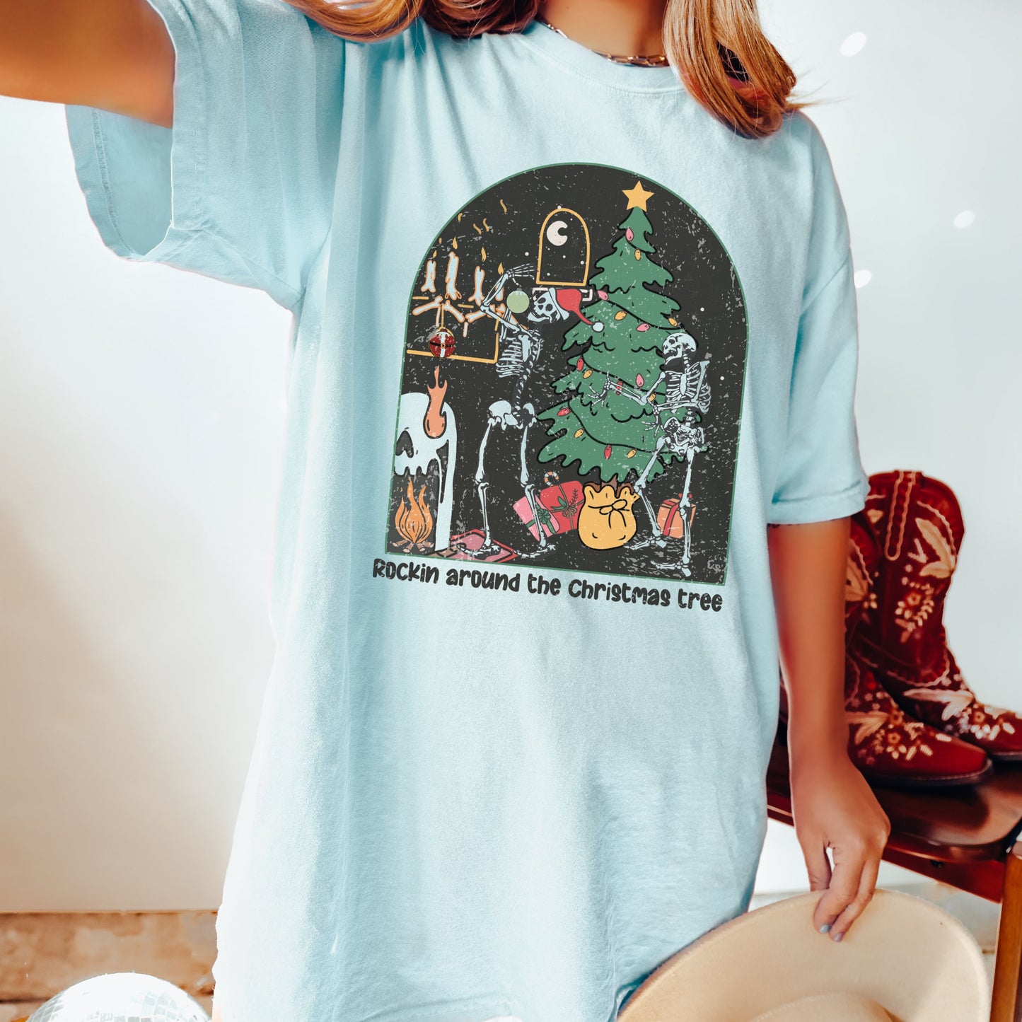 Rockin Around the Christmas Tree Dancing Skeletons Vintage shirt