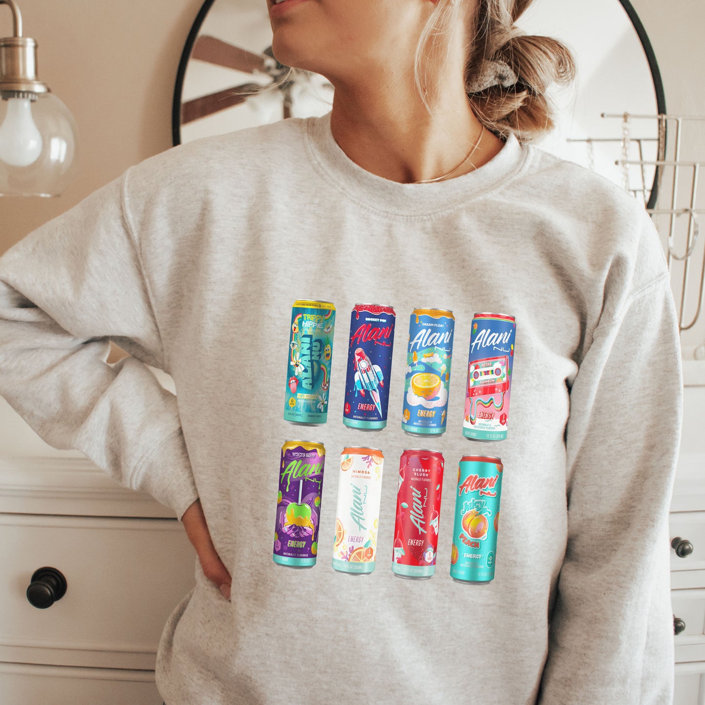 Alani Energy Drink Collage Sweatshirt Caffeine Addict Foodie Sweater