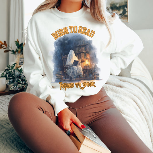 Ghost Reading Sweatshirt, Born to Read, Forced to Spook, Gilden Oversized Crewneck, Halloween Fashion, Book Lover Gift