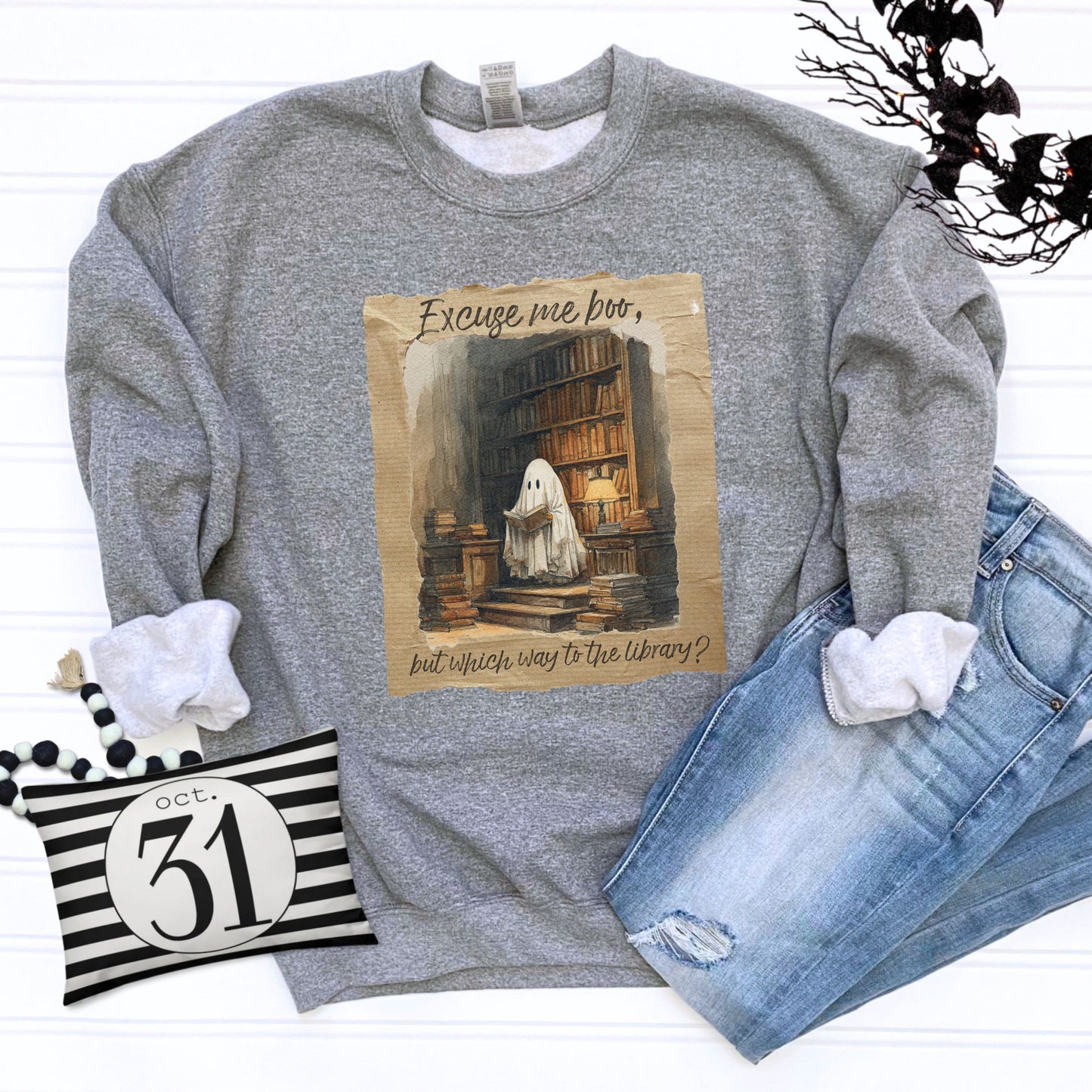 Ghost Reading Sweatshirt, Library Crewneck for Women, Gilden Oversized Crewneck, Halloween Fashion, Book Lover Gift, Funny Halloween