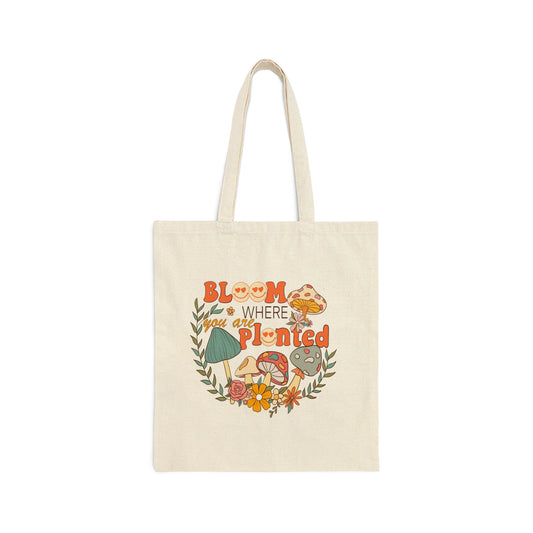 Bloom Where you are Planted Retro Mushroom Farmers Market Tote Bag