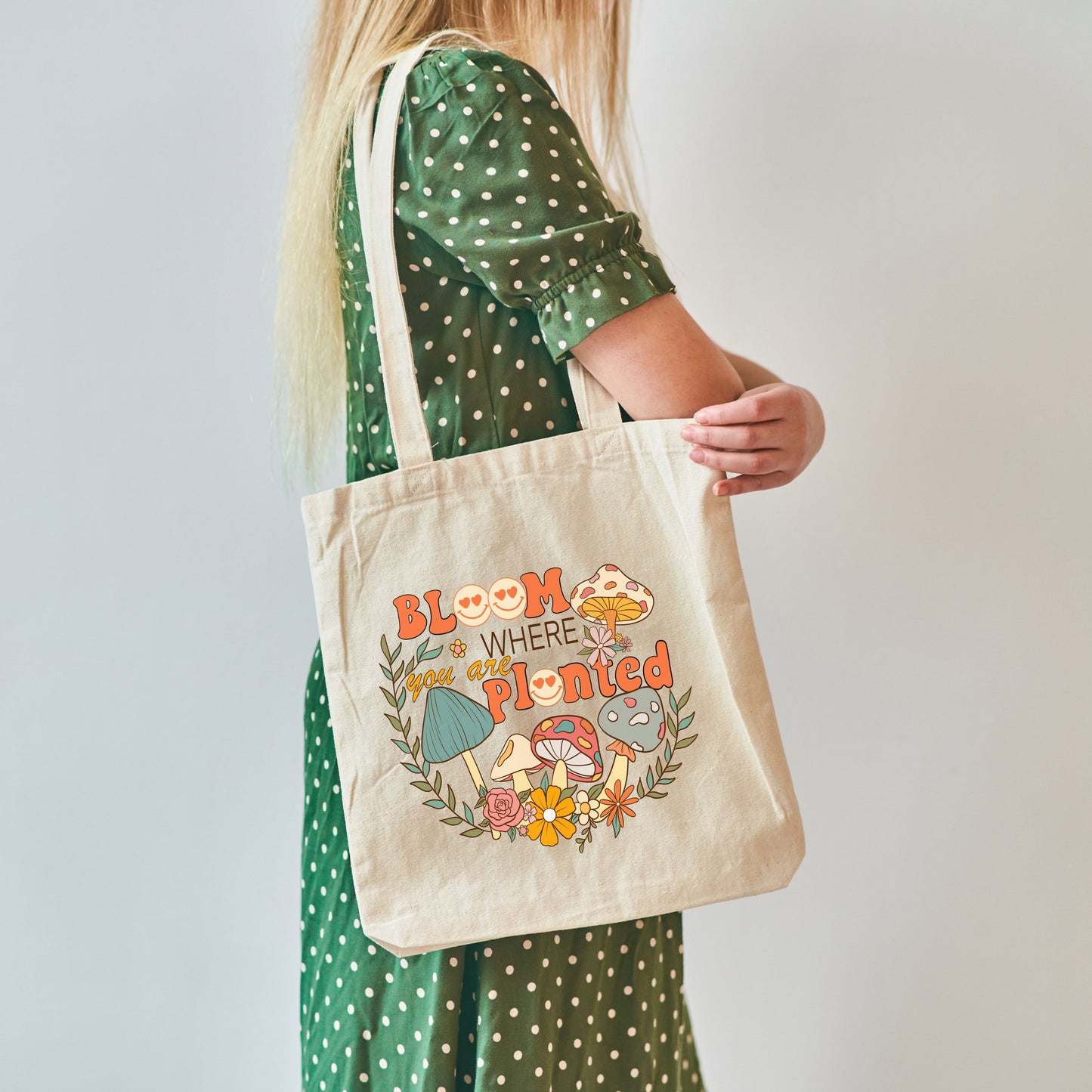 Bloom Where you are Planted Retro Mushroom Farmers Market Tote Bag