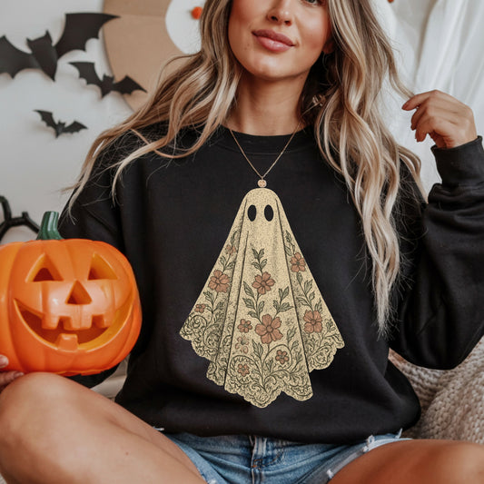 Floral Lace Ghost Sweatshirt, Oversized Halloween Crewneck, Cozy Spooky Season Pullover, Vintage Watercolor Ghost