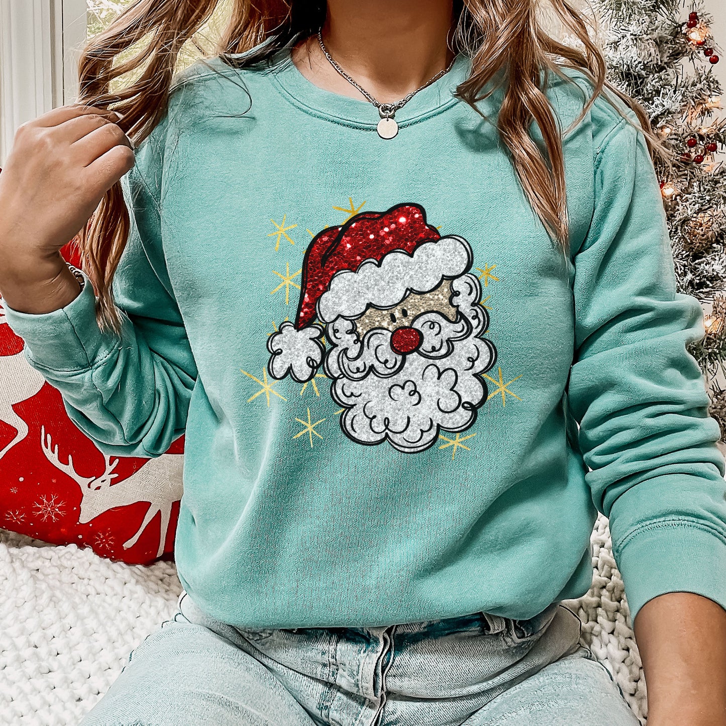 Vintage Santa Face Sweatshirt Retro Santa Shirt Faux Sequined Christmas Crewneck