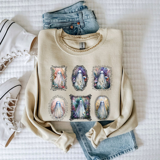 Whimsical Floral Ghost Sweatshirt, Oversized Halloween Crewneck, Cozy Spooky Season Pullover, Vintage Watercolor Ghosts