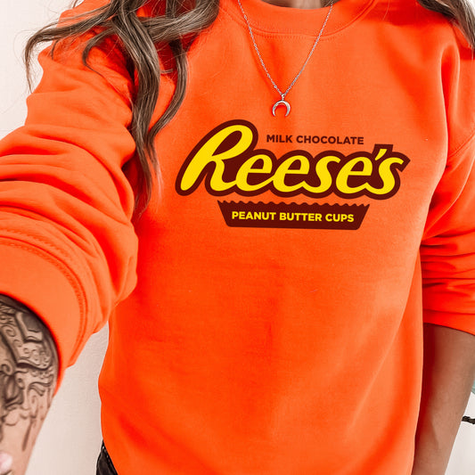 Reeses Peanut Butter Cup Sweatshirt Orange Crewneck for Chocolate Lover Teenager gifts Candy Sweater