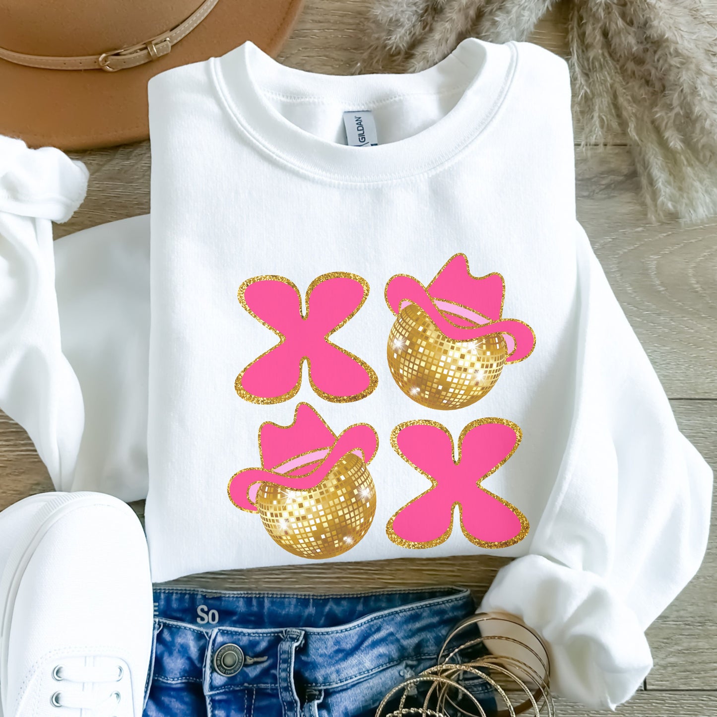 XO XO Western Cowgirl Valentines Day Sweatshirt Country Crewneck Faux Glitter Disco Ball Shirt