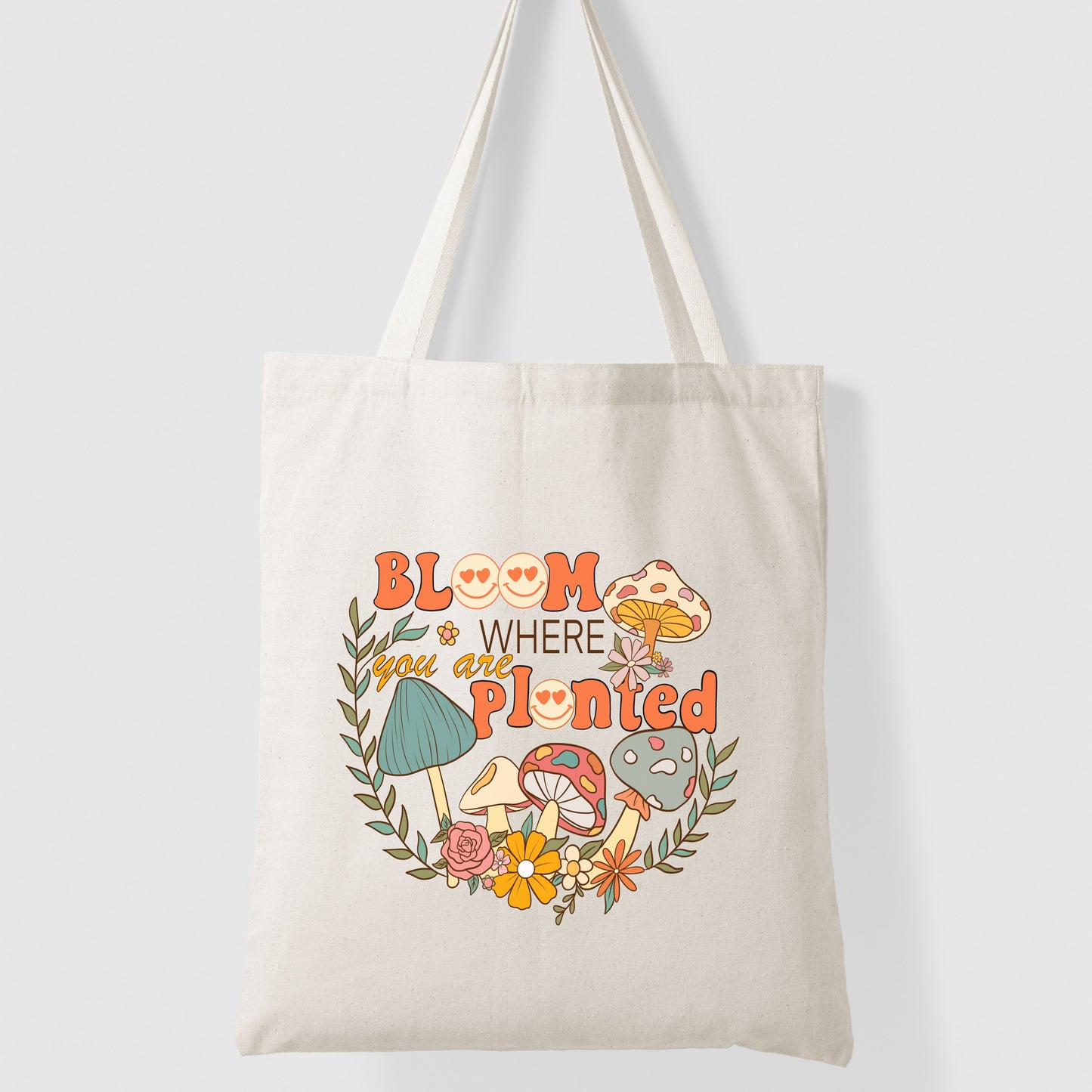 Bloom Where you are Planted Retro Mushroom Farmers Market Tote Bag