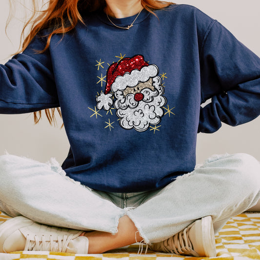 Vintage Santa Face Sweatshirt Retro Santa Shirt Faux Sequined Christmas Crewneck