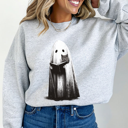 Ghost Reading Sweatshirt, Black Cat Shirt, Ghost and Cat Sweater, Book Lover Gift, Cute Fall Book Shirt