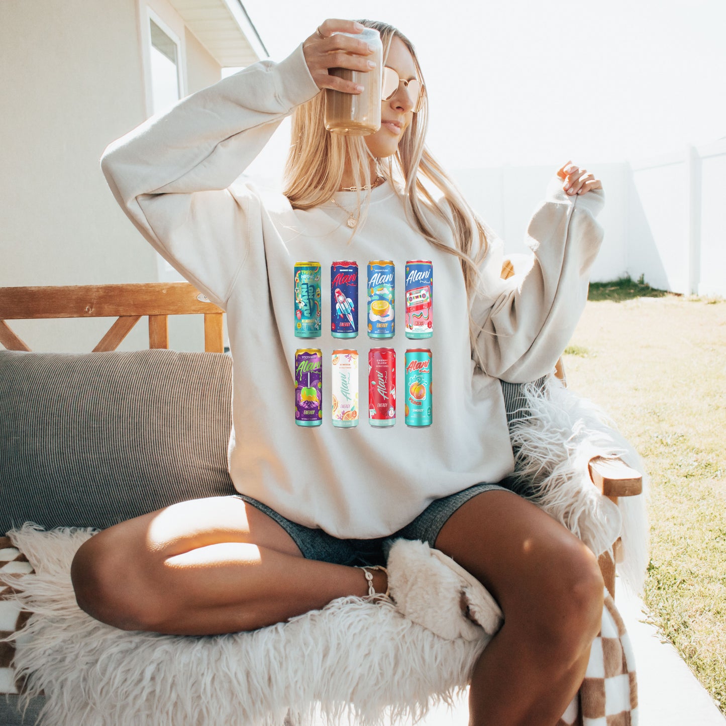 Alani Energy Drink Collage Sweatshirt Caffeine Addict Foodie Sweater