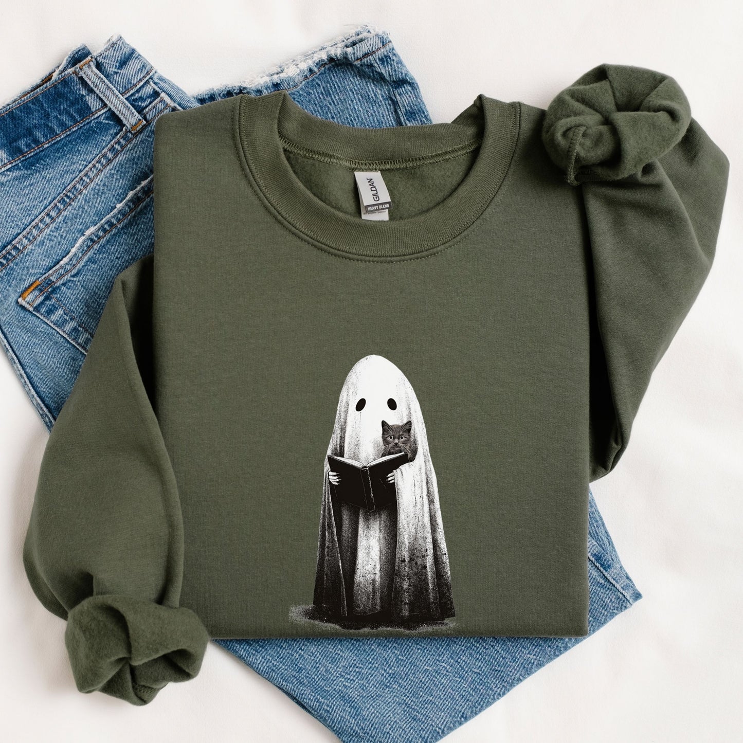 Ghost Reading Sweatshirt, Black Cat Shirt, Ghost and Cat Sweater, Book Lover Gift, Cute Fall Book Shirt