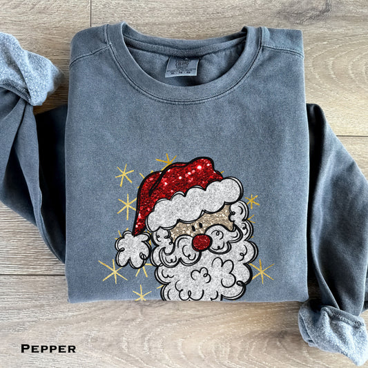 Vintage Santa Face Sweatshirt Retro Santa Shirt Faux Sequined Christmas Crewneck