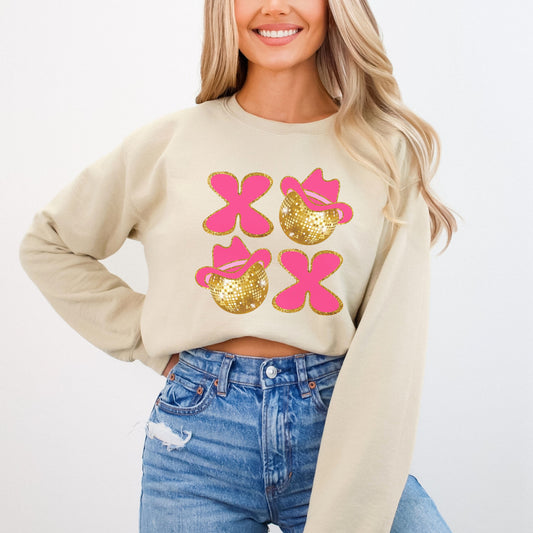 XO XO Western Cowgirl Valentines Day Sweatshirt Country Crewneck Faux Glitter Disco Ball Shirt