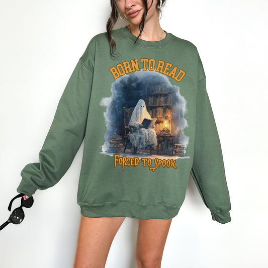 Ghost Reading Sweatshirt, Born to Read, Forced to Spook, Gilden Oversized Crewneck, Halloween Fashion, Book Lover Gift